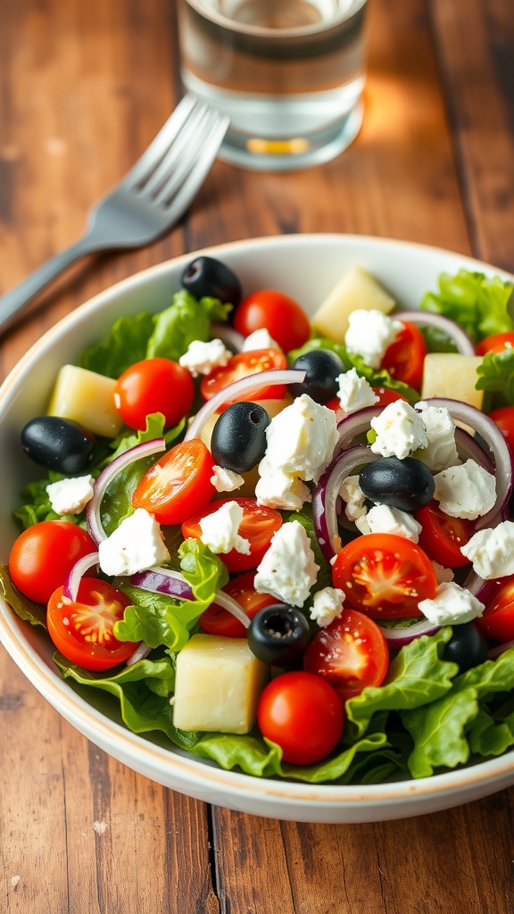 A colorful Mediterranean salad with greens, tomatoes, cucumbers, onions, olives, and feta cheese on a wooden table.
